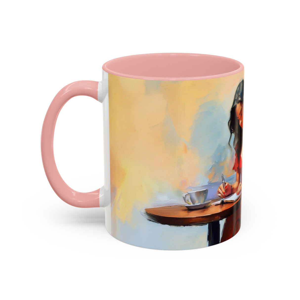 Artistic Red Dress Accent Coffee Mug - 11oz placed in an art studio with creative tools around
