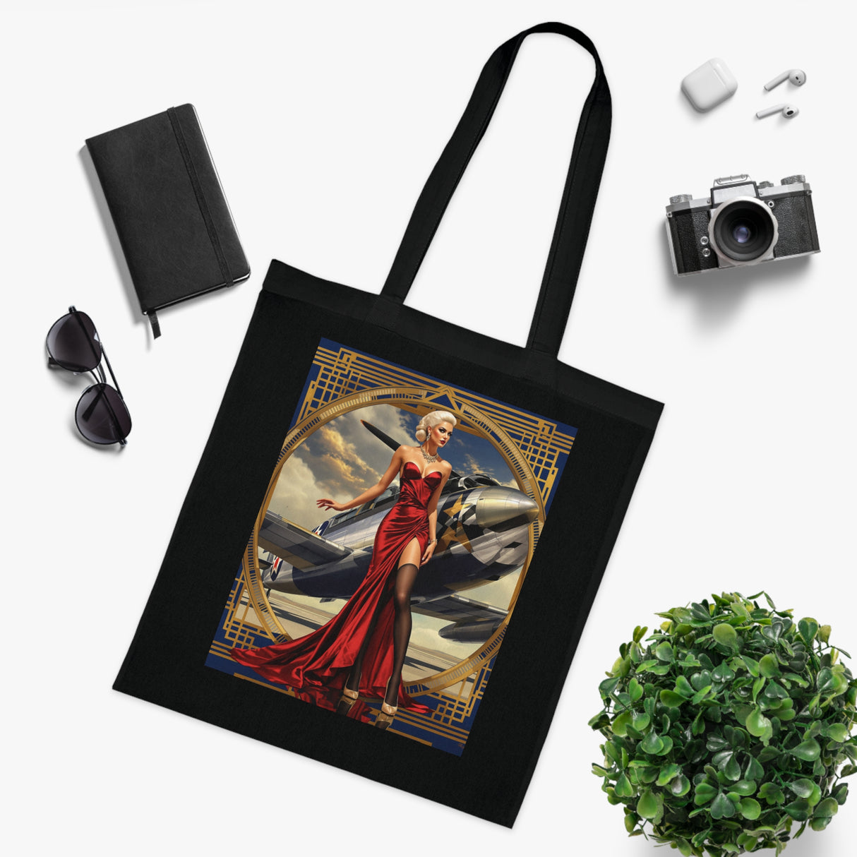 Vintage Pinup Tote Bag with a woman in red dress art, displayed near vintage accessories, emphasizing retro glamour.