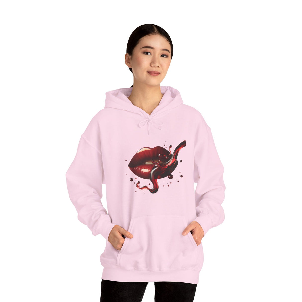 Back view of the Lip Bite Hoodie in Gothic Red, highlighting its comfortable and stylish fit.