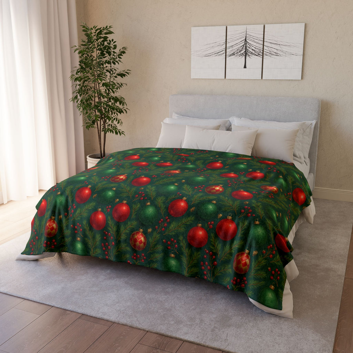 Soft and durable Christmas Ornament Holiday Blanket with a stylish red and green bauble pattern, perfect for enhancing your cozy holiday atmosphere.
