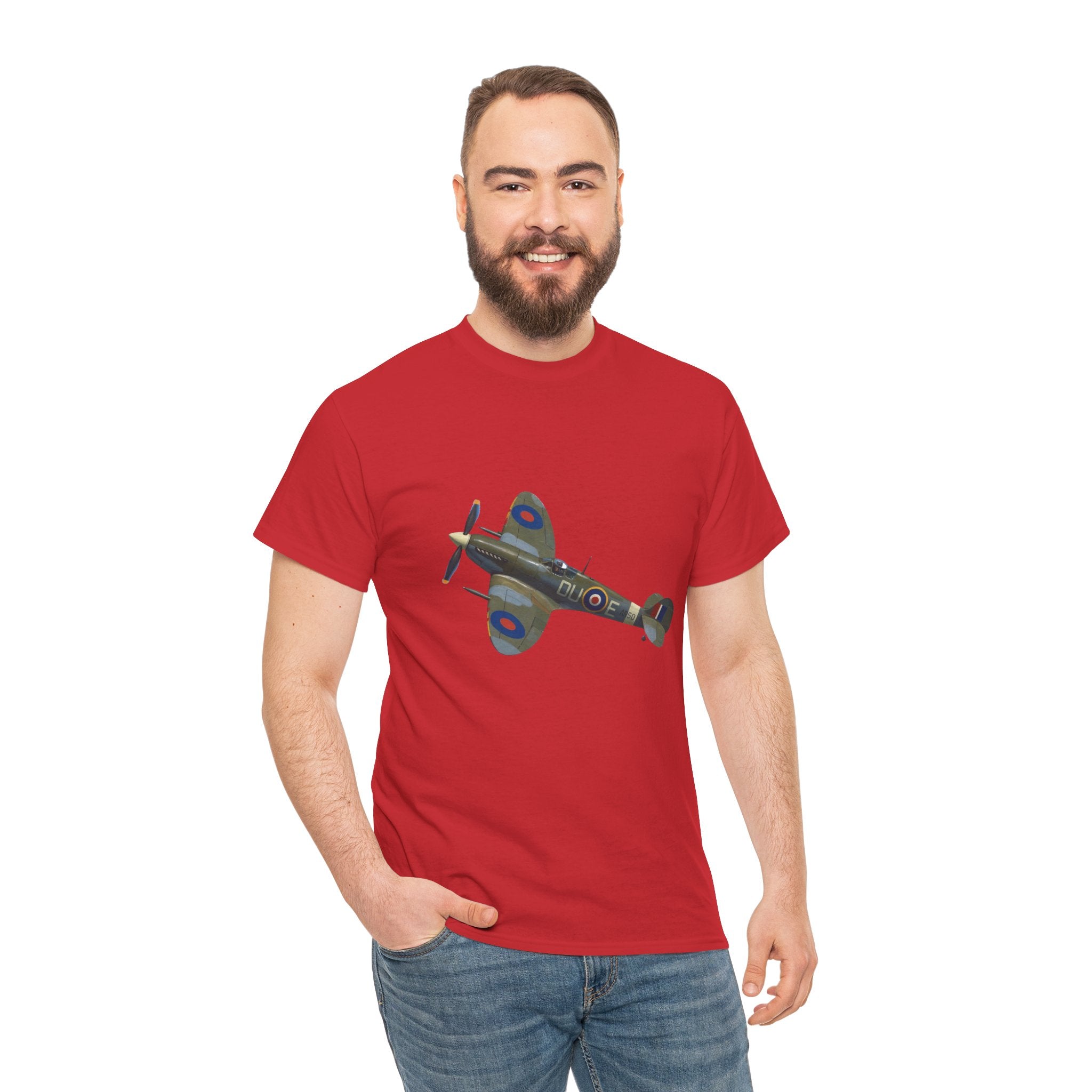 Brightly lit room featuring a rack of vintage WWII Spitfire Fighter Plane T-Shirts in different sizes
