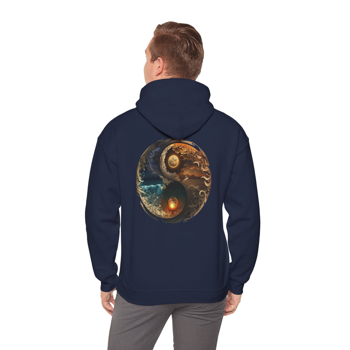 Yin Yang Moon & Sun Hoodie on a model showcasing the celestial balance graphic design.