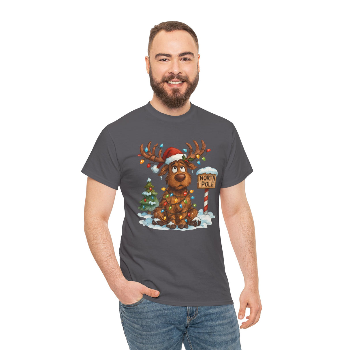 Cheerful holiday scene featuring the Christmas Reindeer Tee worn at a festive outdoor gathering.