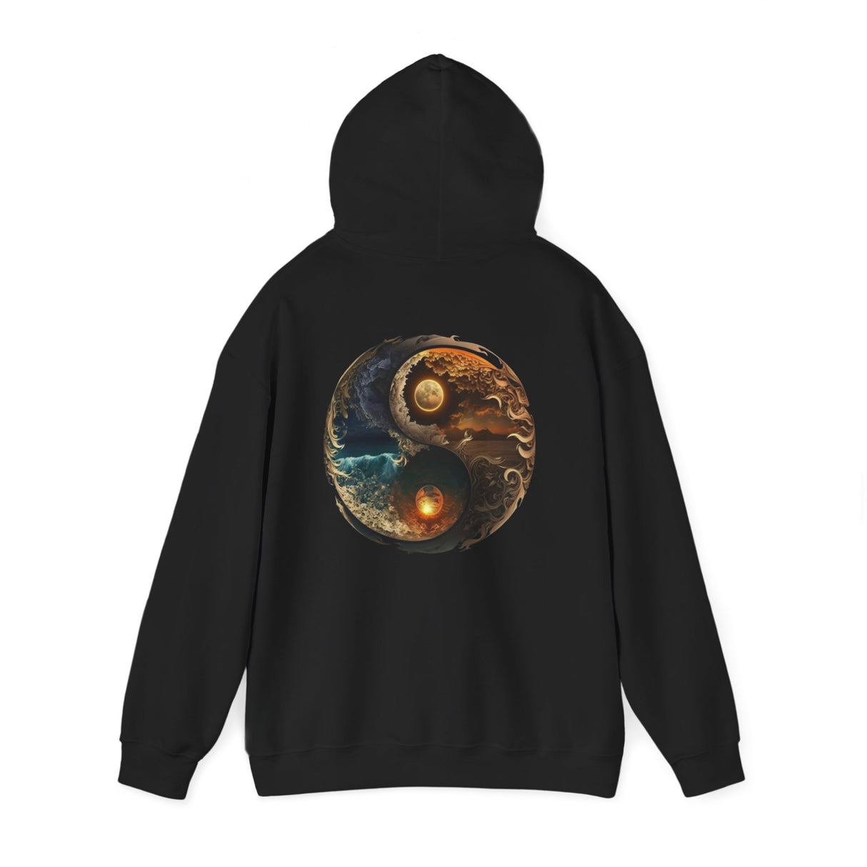 Yin Yang Moon & Sun Hoodie paired with jeans for a stylish everyday look.