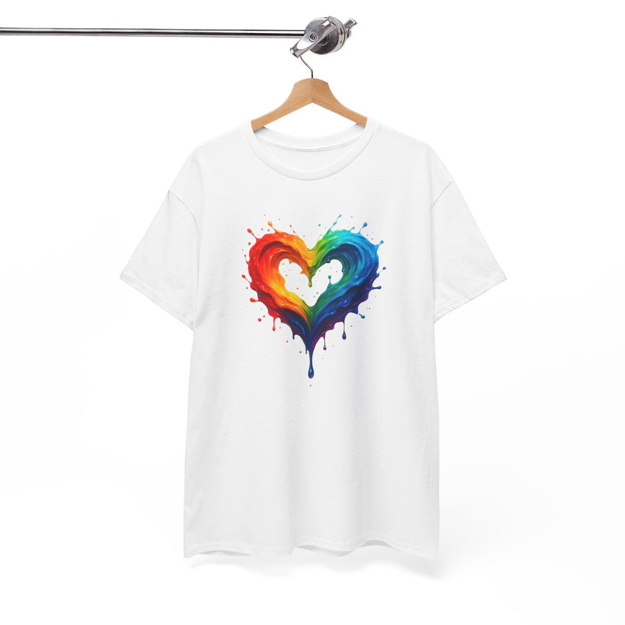 Rainbow Drip Heart T-Shirt held by a model showcasing the soft cotton material and artistic design.