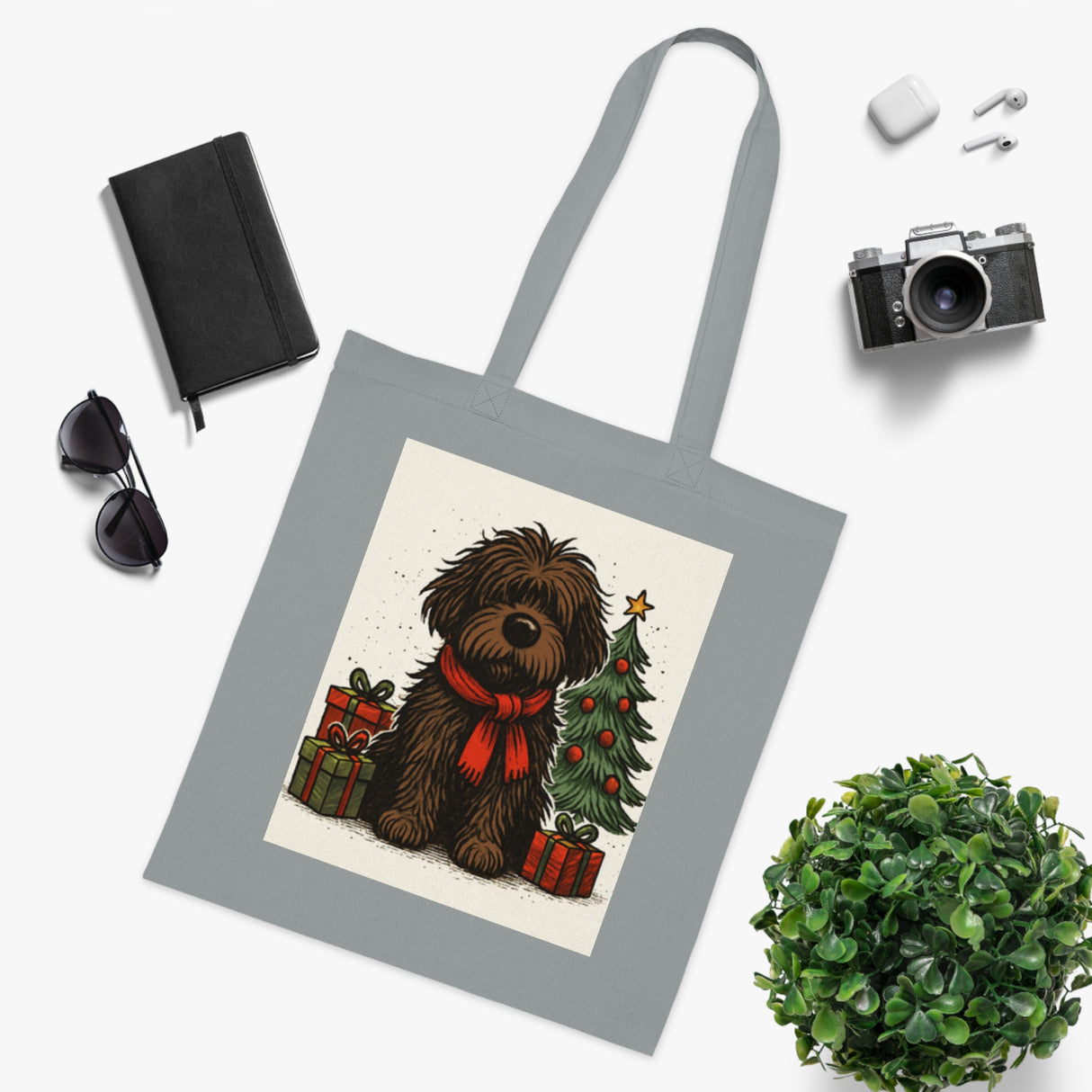 Christmas Dog Tote Bag ideal for winter markets, featuring a fluffy dog with a scarf.