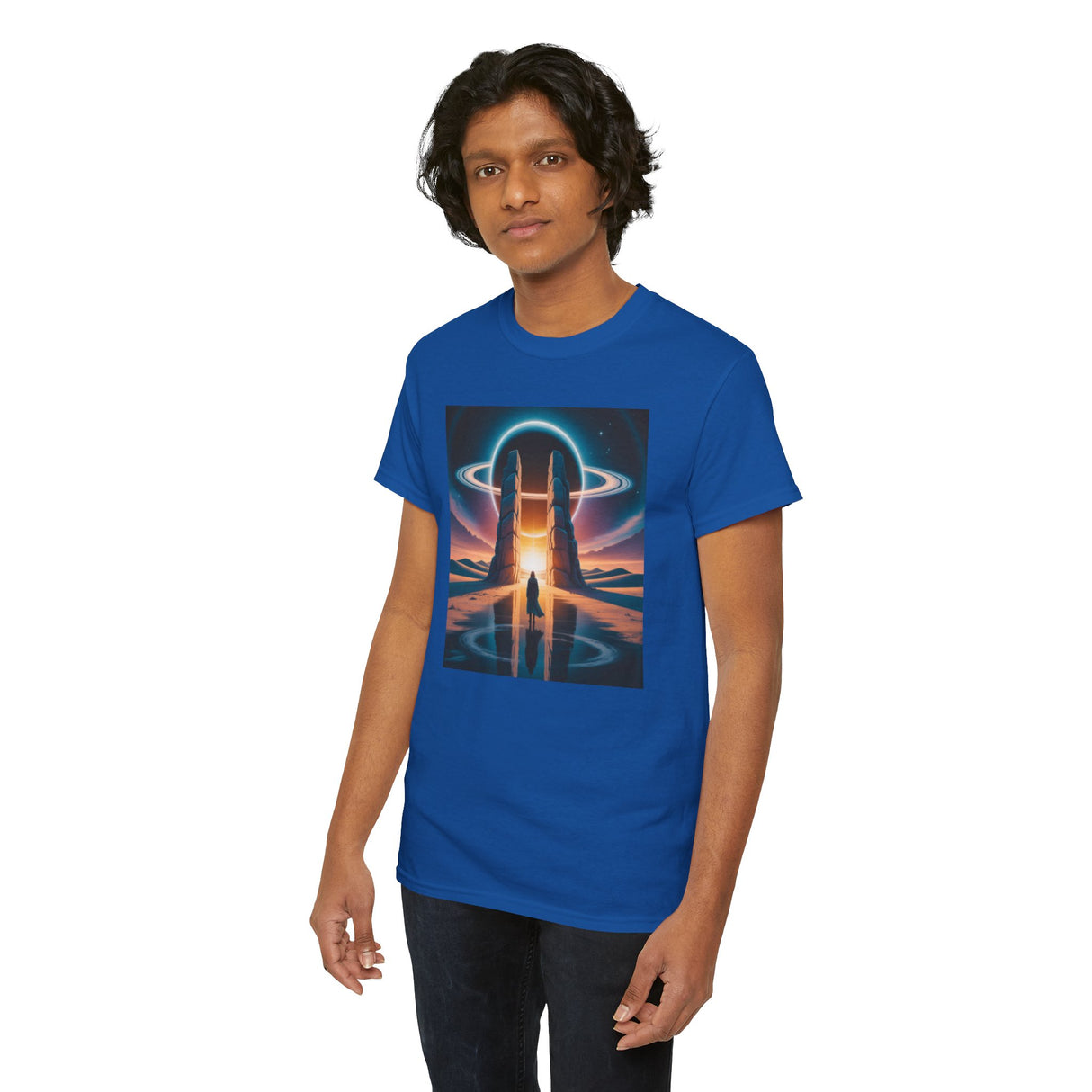 Lifestyle image of the Sci-Fi Gateway T-Shirt worn by a traveler in a scenic outdoor setting, showcasing its comfort.