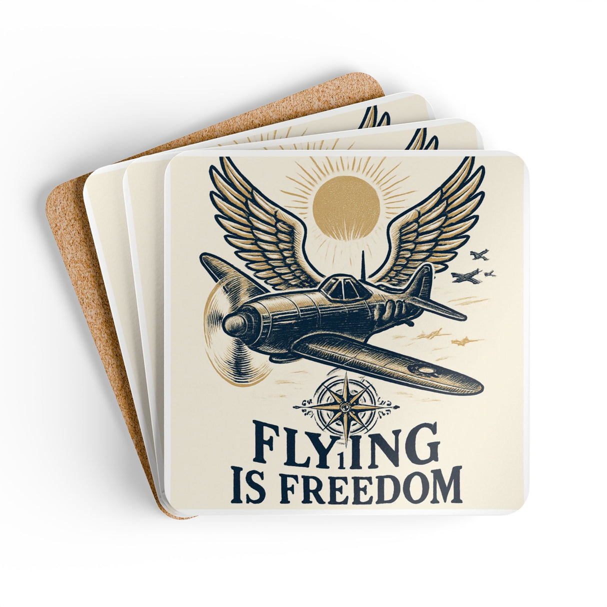 Flat lay of the Flying Is Freedom Cork Coaster Set, featuring four coasters with bright colors and the phrase 'FLYING IS FREEDOM'.