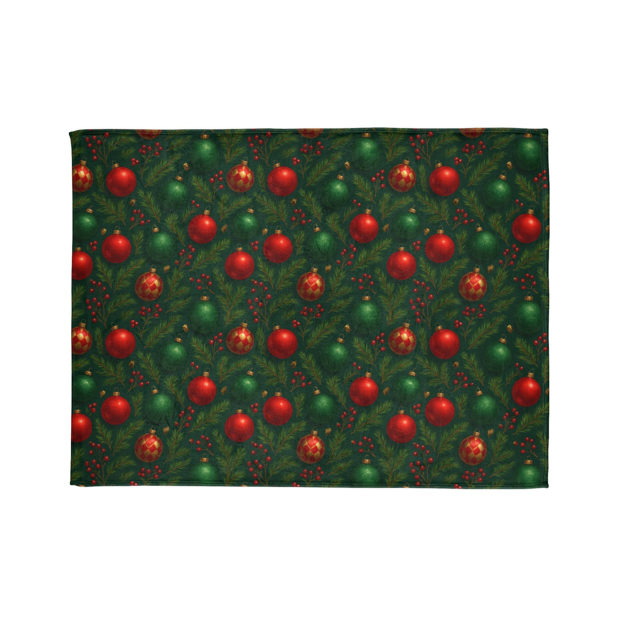 Lush fleece fabric Christmas Ornament Holiday Blanket, showcasing a cheerful red and green bauble pattern, ideal for cozy winter nights.