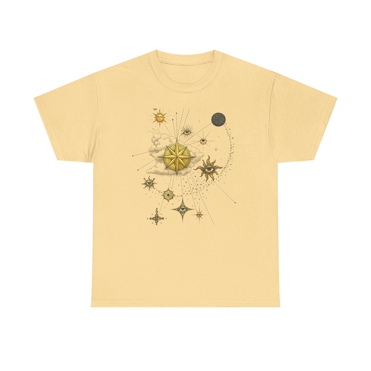 Side view of the Celestial Gold Star Map T-Shirt highlighting the ribbed collar and smooth finish.