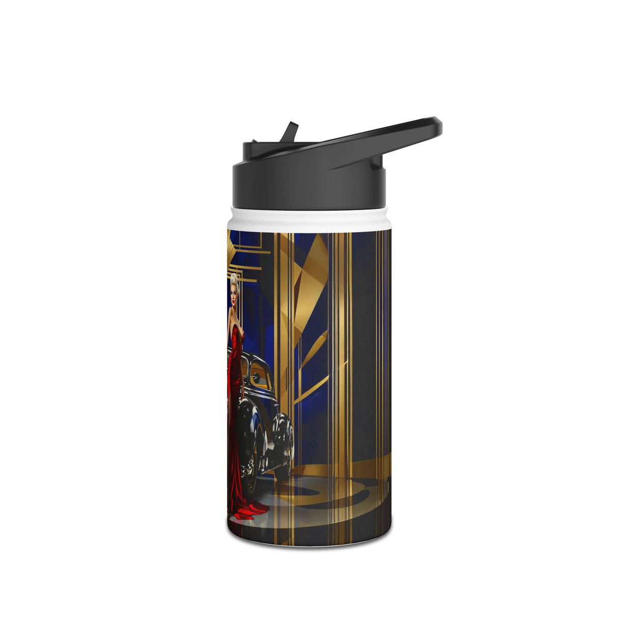 Art Deco Glamour Stainless Steel Water Bottle on a wooden table, highlighting its double-wall insulation and twist-on lid.