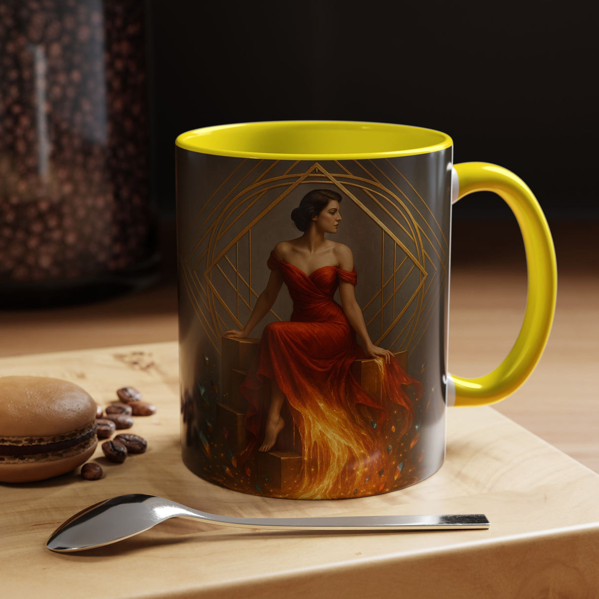 Fiery Goddess Accent Coffee Mug showcasing its vibrant glossy print against a neutral background.