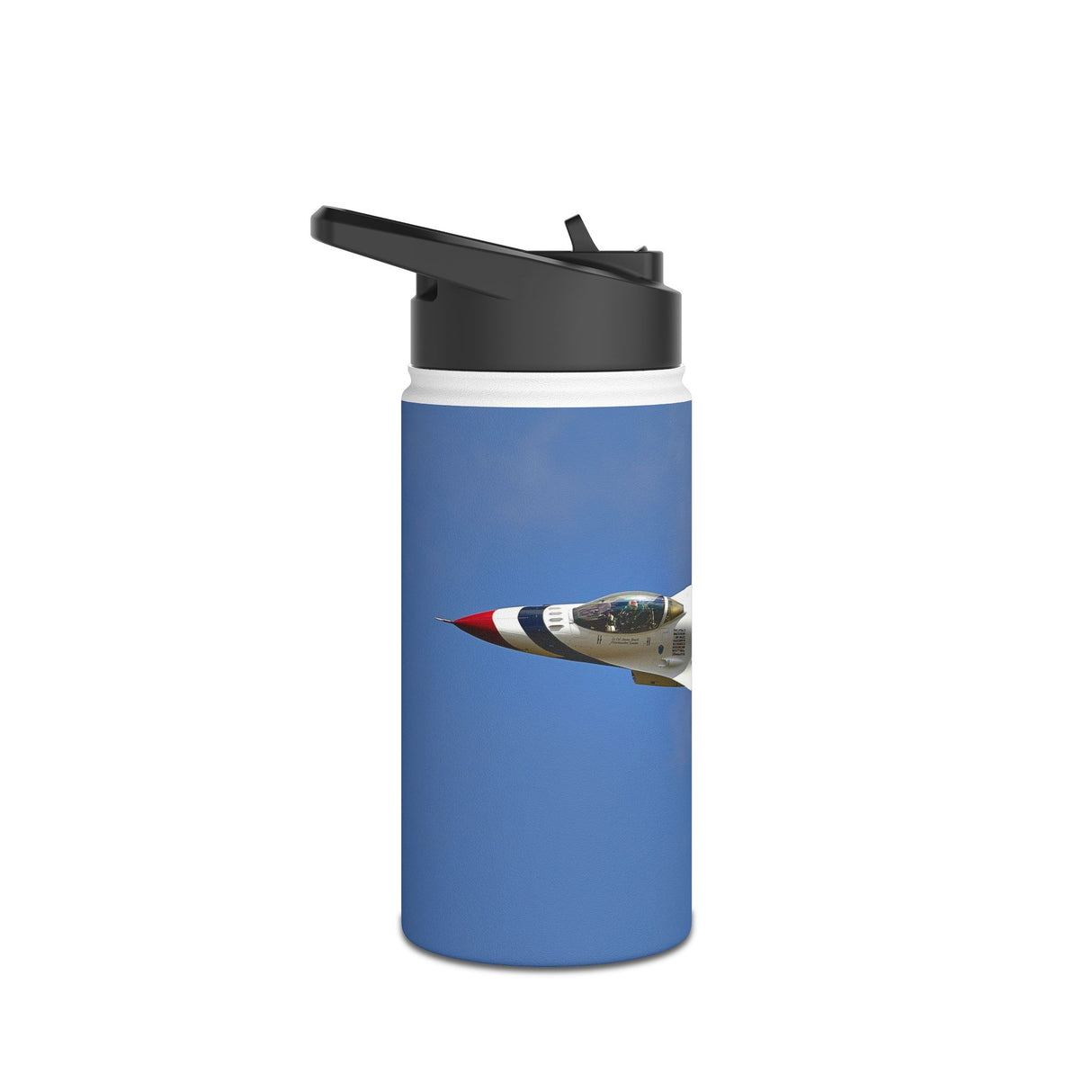 Close-up of Thunderbirds USAF Jet Stainless Steel Water Bottle's matte finish and twist-on lid, emphasizing its rugged design and functionality.