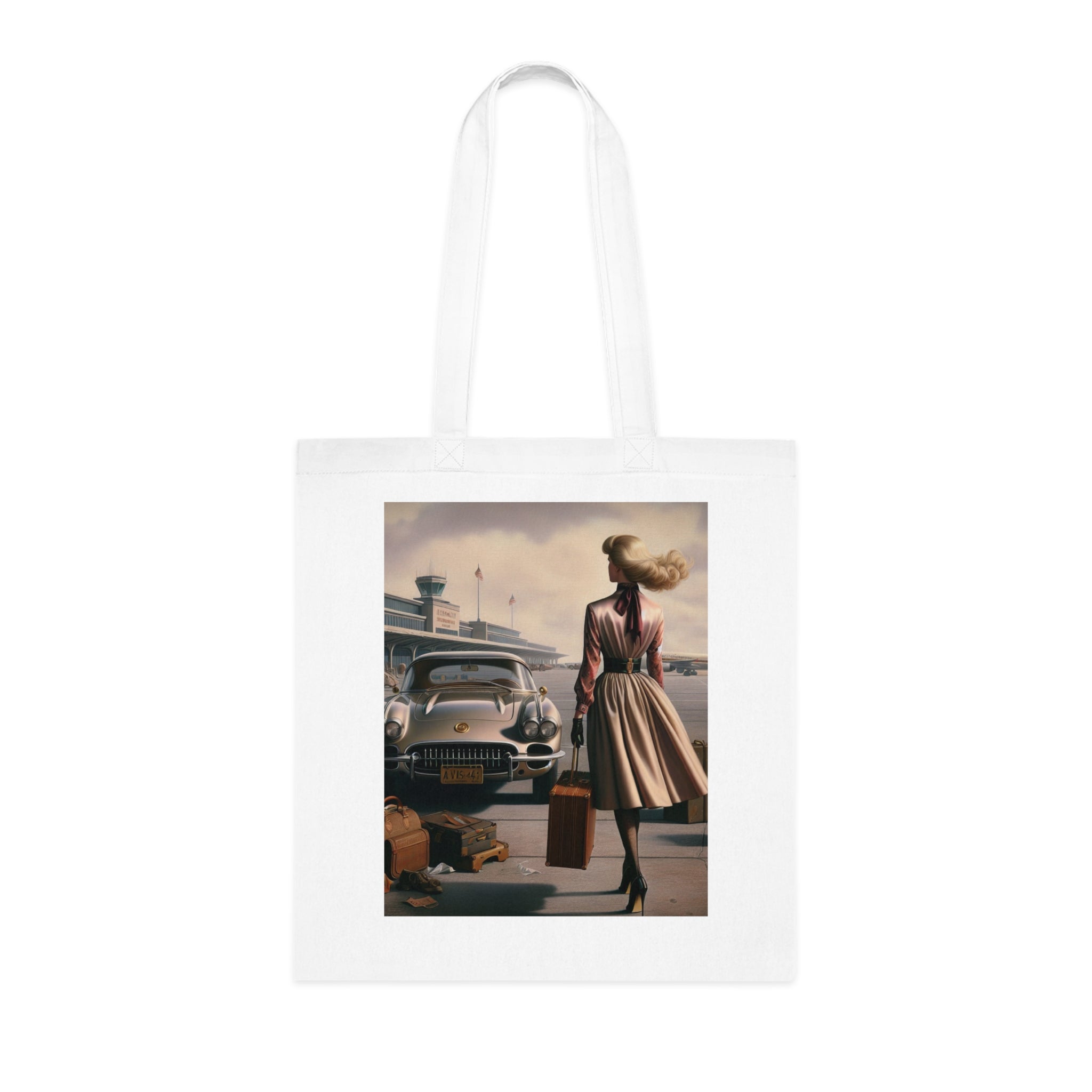 The Vintage Travel Cotton Tote Bag hanging stylishly in a modern setting.