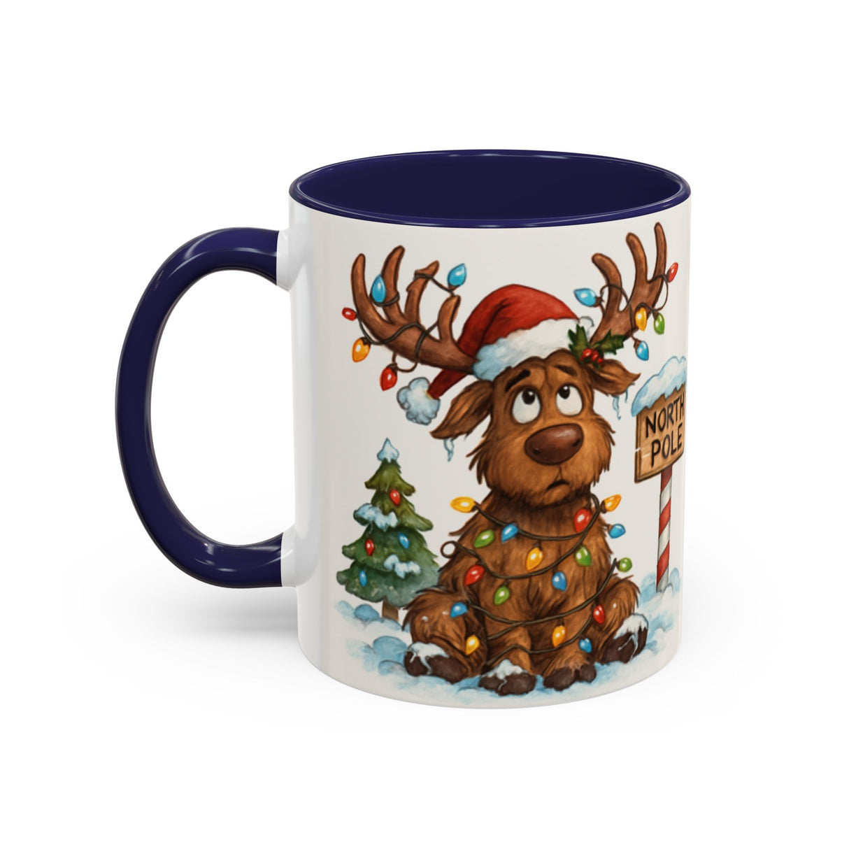 Christmas Reindeer Coffee Mug displaying winter festivities, designed for sipping hot cocoa and holiday cheer.