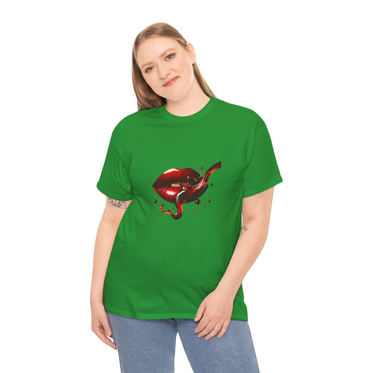Vibrant red lips on the Lip Bite Graphic Tee, making a stylish fashion statement.