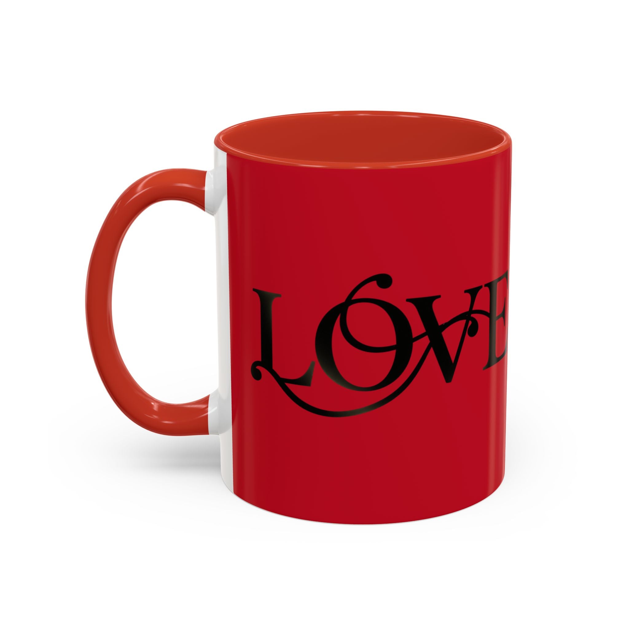 Love Script Accent Coffee Mug — Red & Black Romantic Ceramic Coffee Cup (11oz)