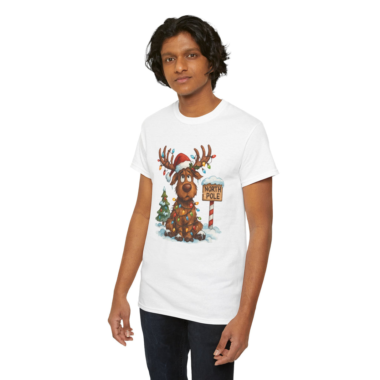 Colorful illustration on the Christmas Reindeer Tee, depicting a cheerful reindeer ready for festive celebrations.