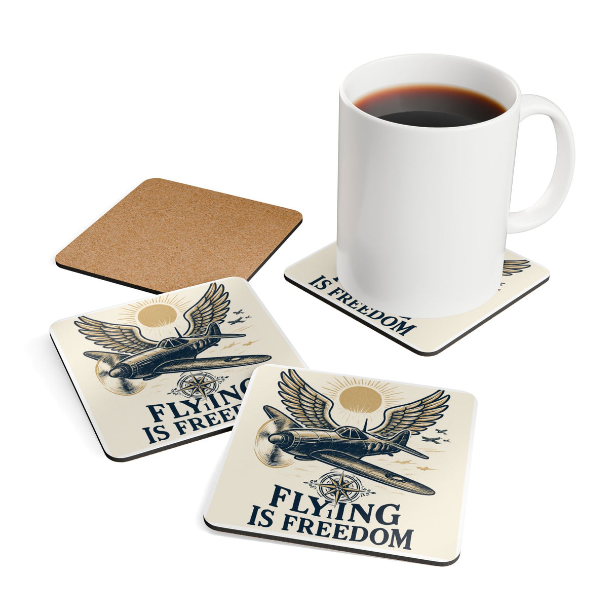Elegant arrangement of the Flying Is Freedom Cork Coaster Set, highlighting its slim profile and vibrant prop plane artwork.