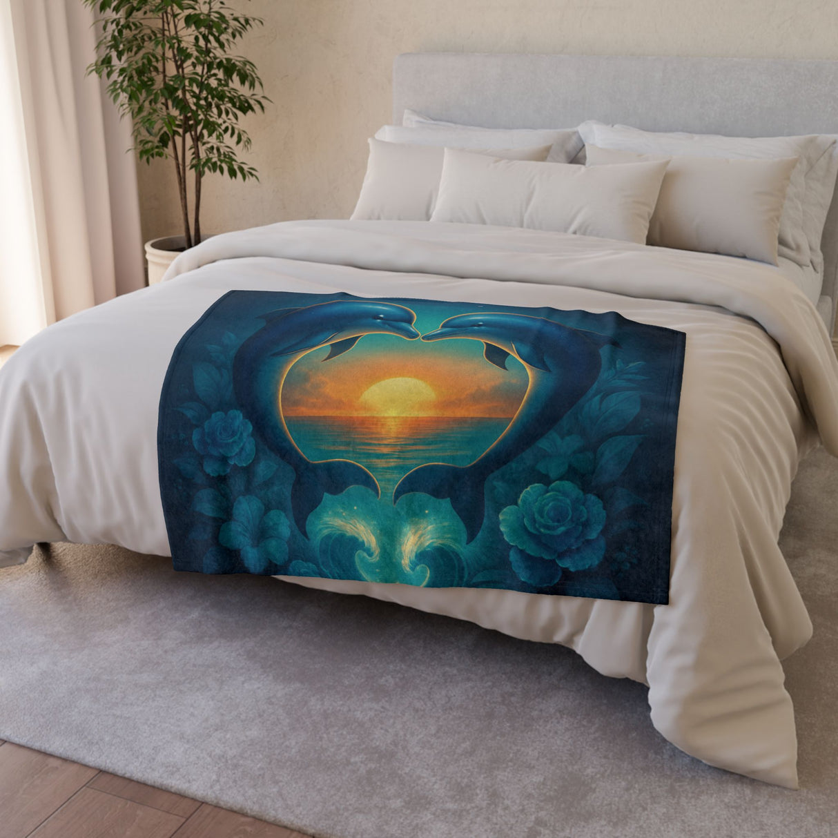 Dolphin Heart Sunset Blanket — Cozy Ocean Sunset Throw featuring dolphins above a vibrant sunset in teal and amber.