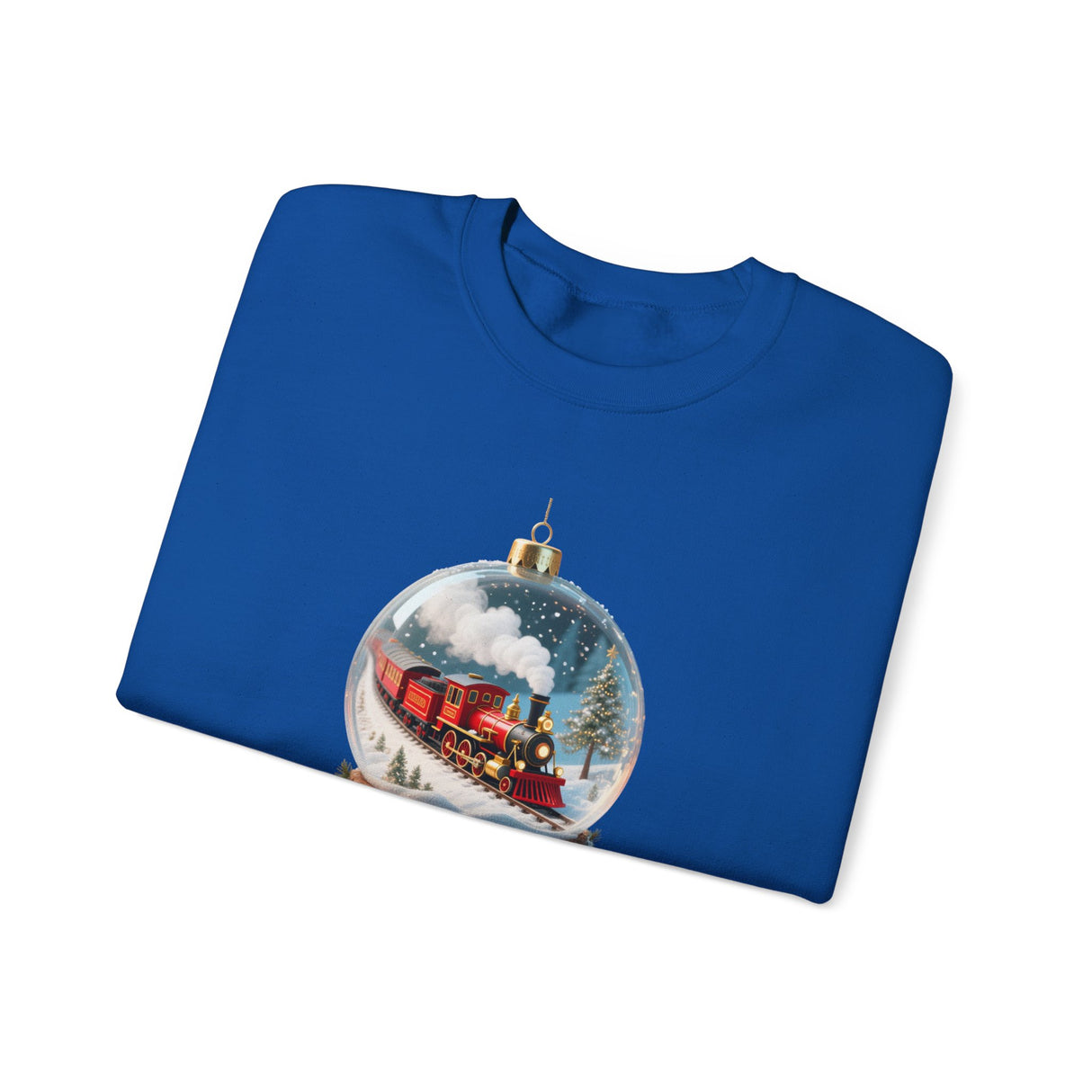 Christmas Train Snow Globe Sweatshirt shown in a cozy home setting, evoking warmth and nostalgia for the holiday season.