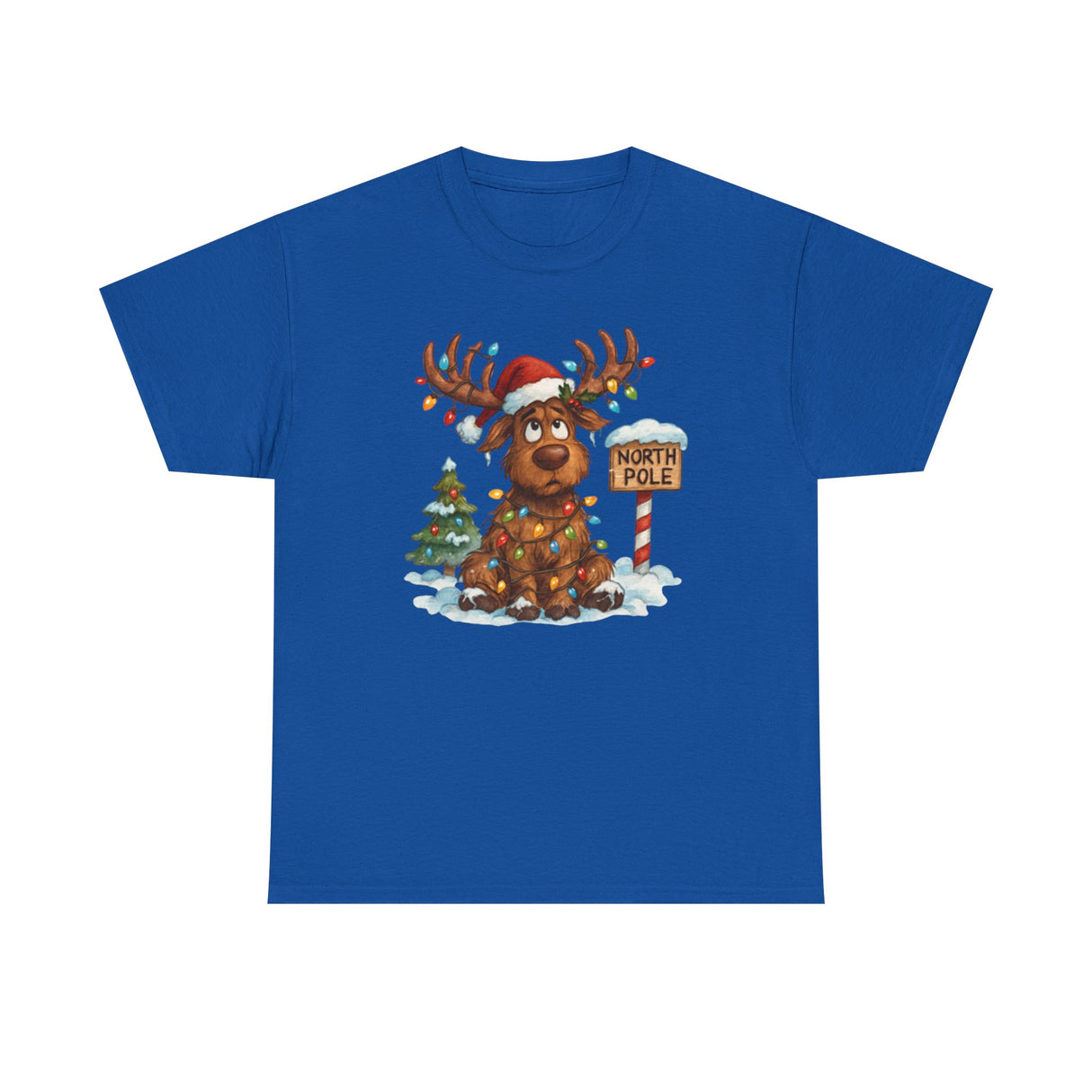 Christmas Reindeer Tee laid flat, showing vibrant colors and the playful reindeer design.