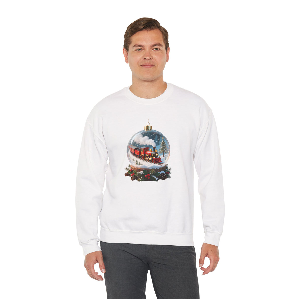 Cozy Christmas Train Snow Globe Sweatshirt in a festive setting, showcasing its warm fabric and nostalgic holiday illustration.