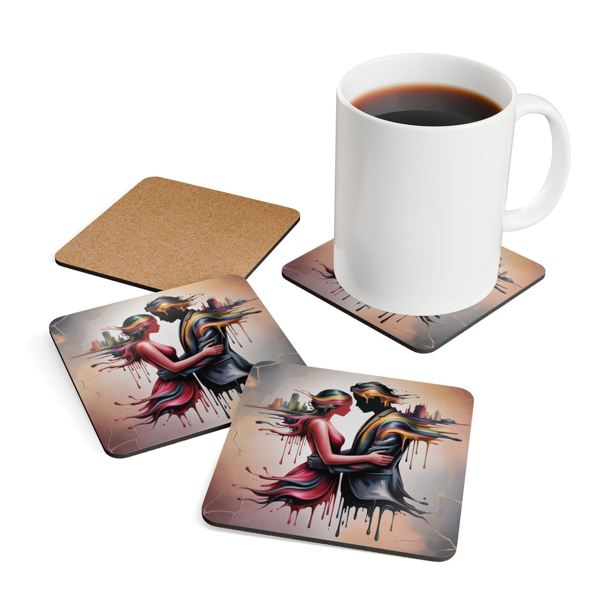 Artistic Drip Lovers Corkwood Coaster Set