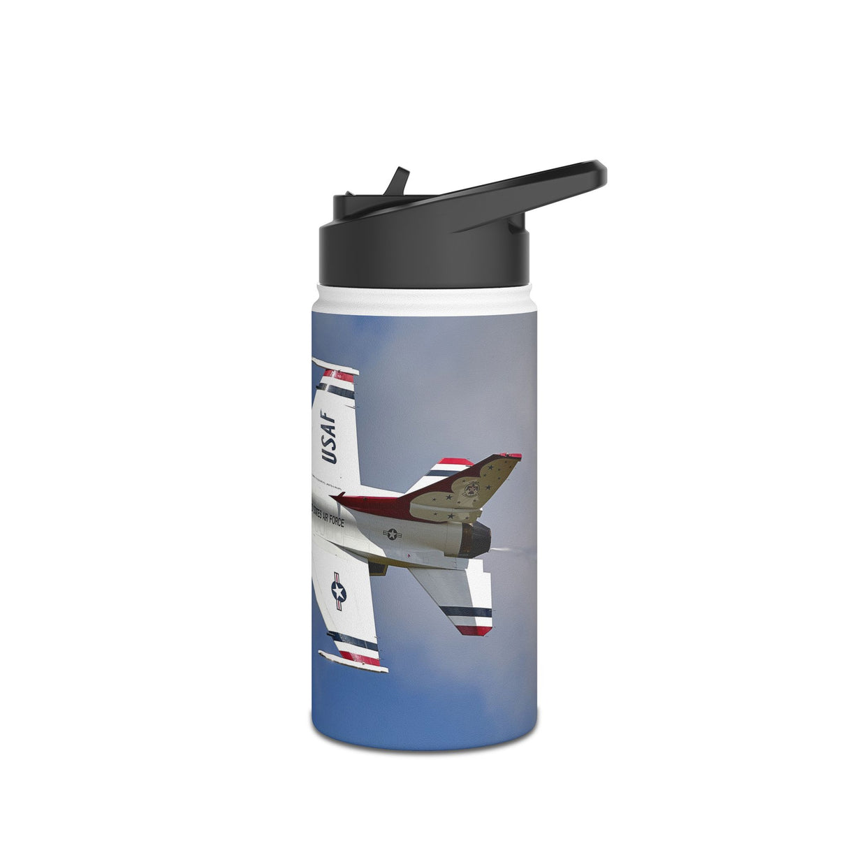 Thunderbirds USAF Jet Stainless Steel Water Bottle next to outdoor gear, highlighting portability and insulation for hot and cold drinks.