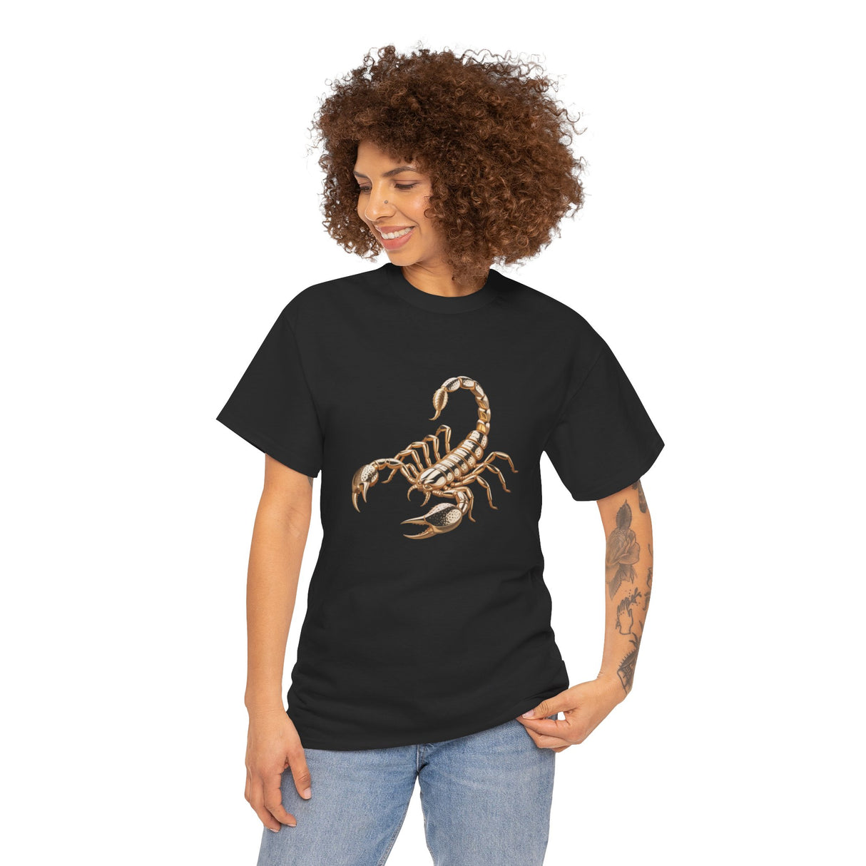 A model laughing while wearing the Scorpion Graphic Tee — Desert Scorpion Illustration T-Shirt during a sunny day.