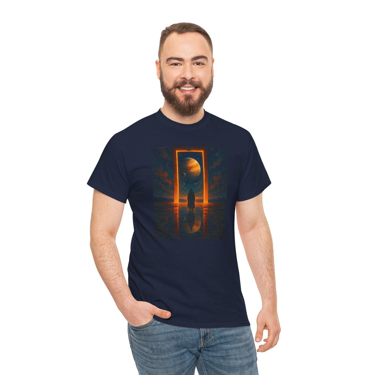 Surreal Portal Moon Tee — Orange Cosmic Gateway Graphic T-Shirt, featuring a glowing doorway and distant planet motif.