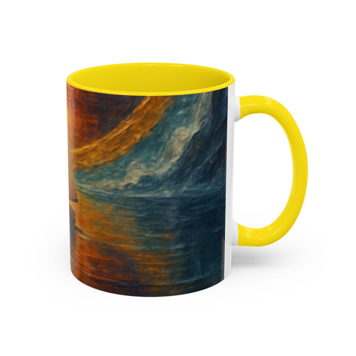 Close-up of the Sail into the Sun Ceramic Coffee Mug emphasizing its glossy black handle and artistic graphics.