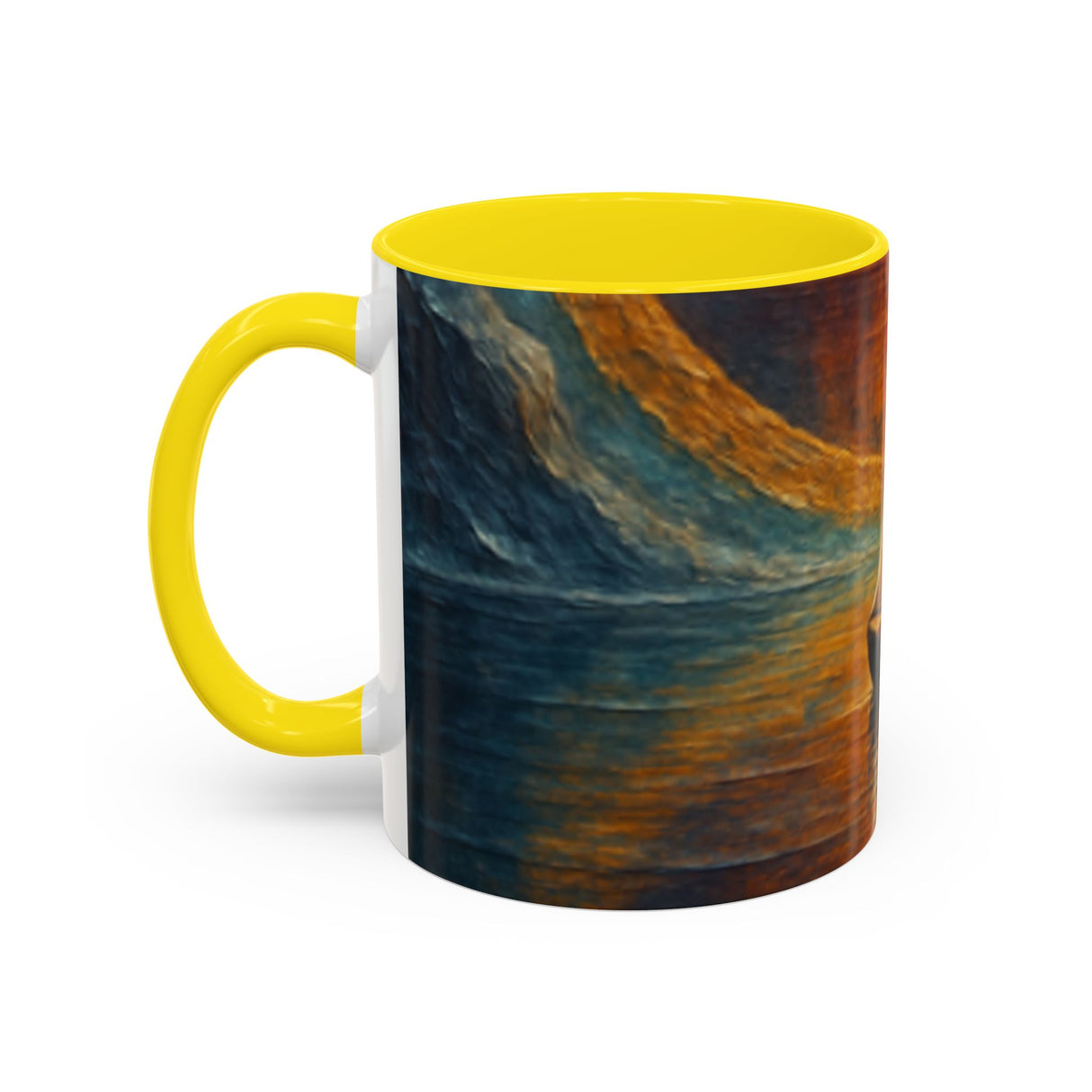 Sail into the Sun Ceramic Coffee Mug on a white tablecloth, highlighting its vivid colors and artistic features.