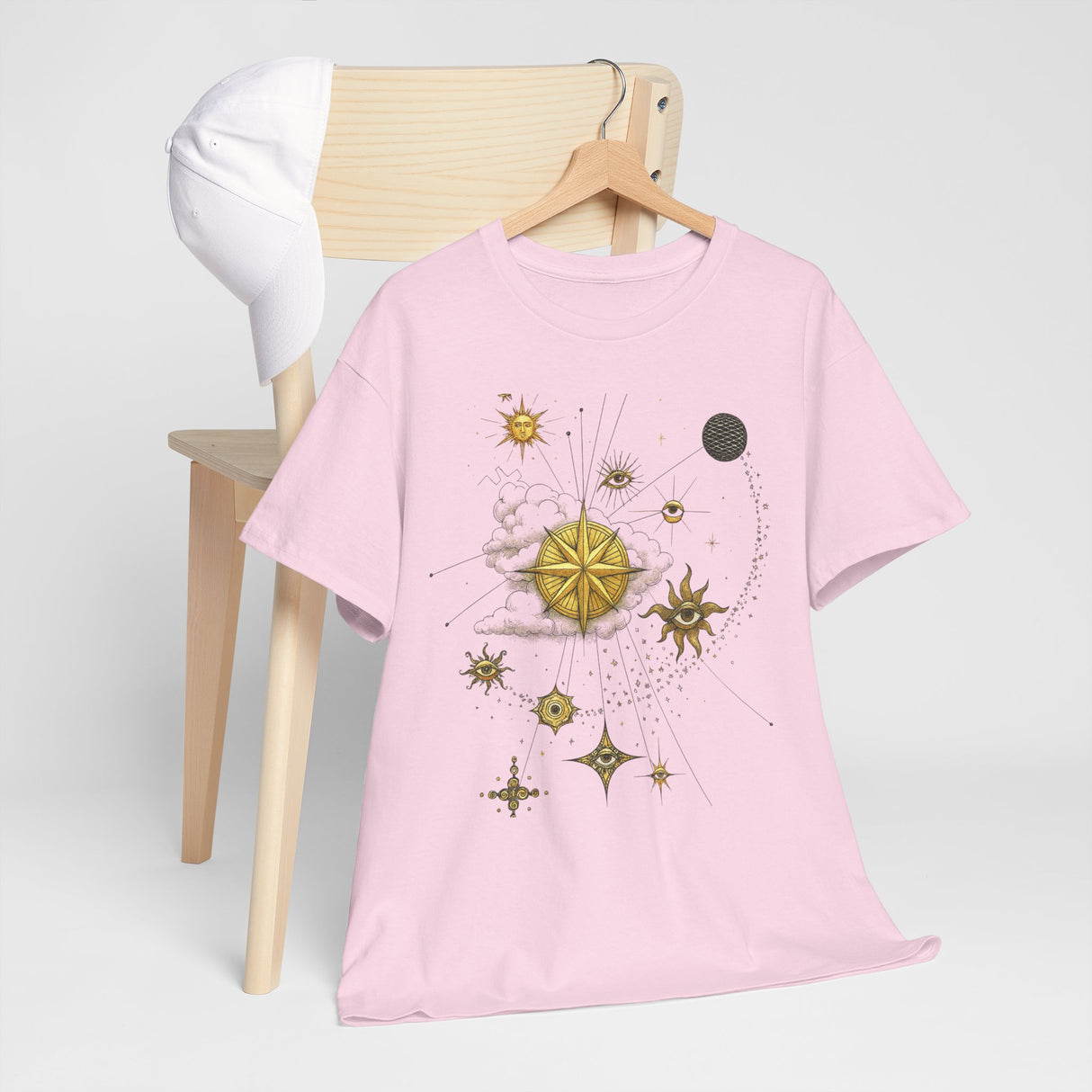 Celestial Compass Tee — Gold Star & Moon Astrology Graphic Shirt highlighting the unique design elements for astrology enthusiasts.