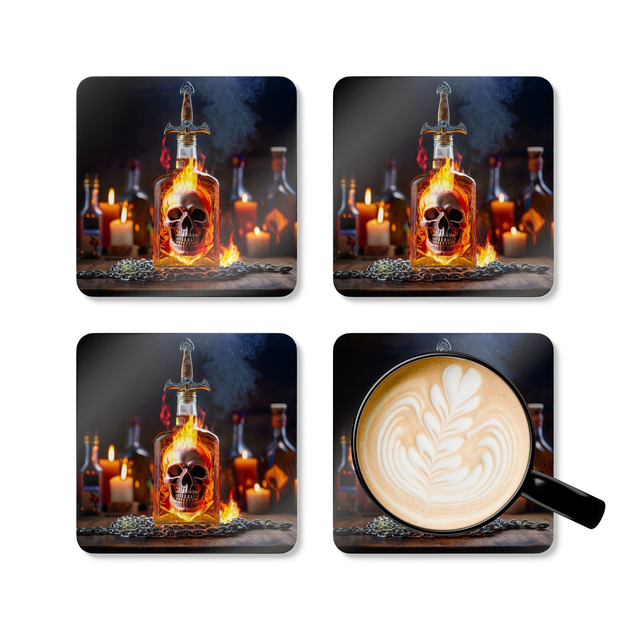 Close-up of the high-gloss Flaming Skull Bottle Cork Coaster Set, highlighting the natural cork backing to protect surfaces.