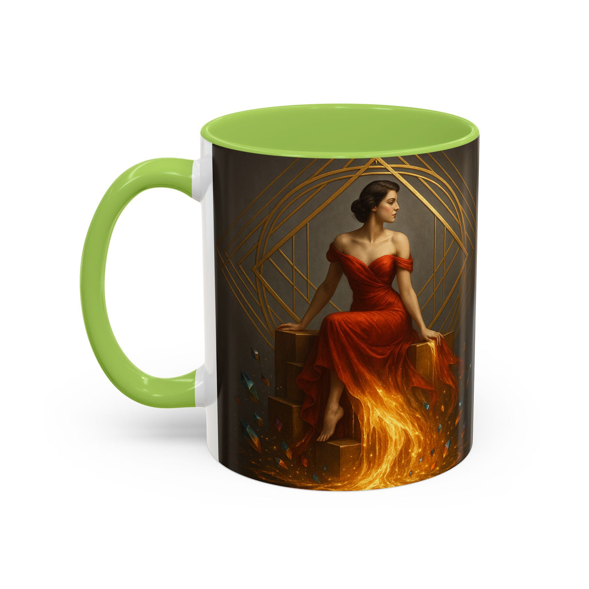 Fiery Goddess Accent Coffee Mug capturing the essence of modern fantasy and classic portraiture.