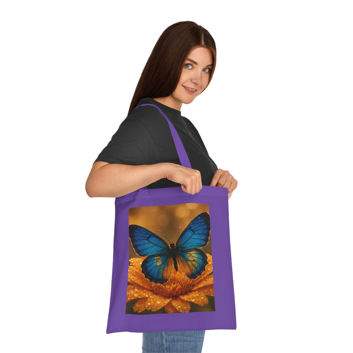 Flat-lay image of the Blue Butterfly Cotton Tote — Nature Floral Reusable Shopper Bag folded, showcasing its lightweight design.