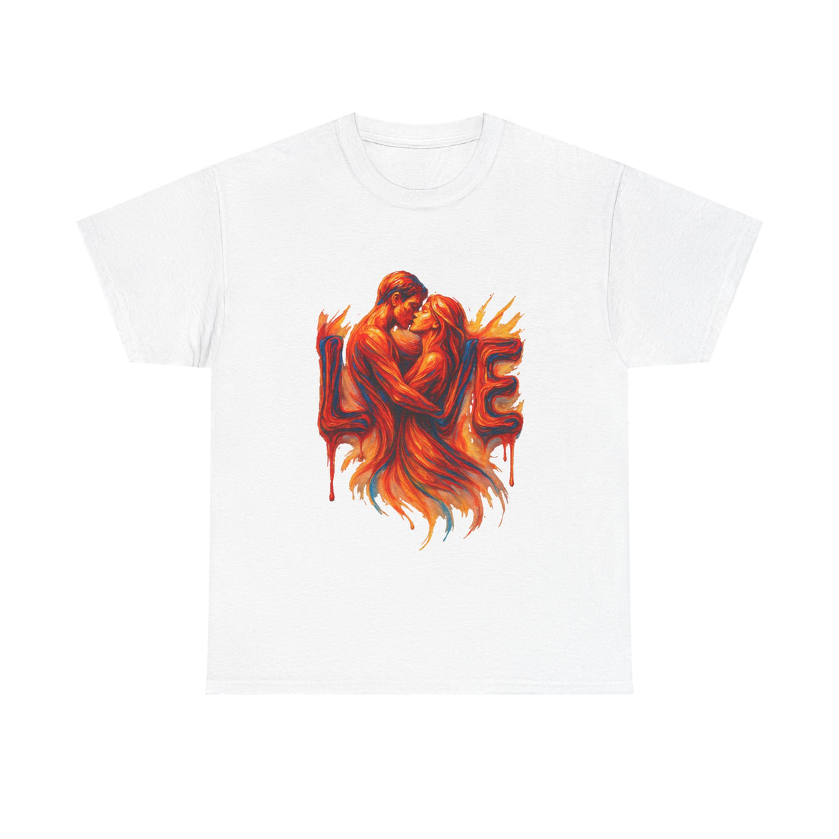 Close-up of the artwork on the Love Flames Graphic Tee — Fiery Embrace Romantic Couple T-Shirt, showcasing the flame-like design.