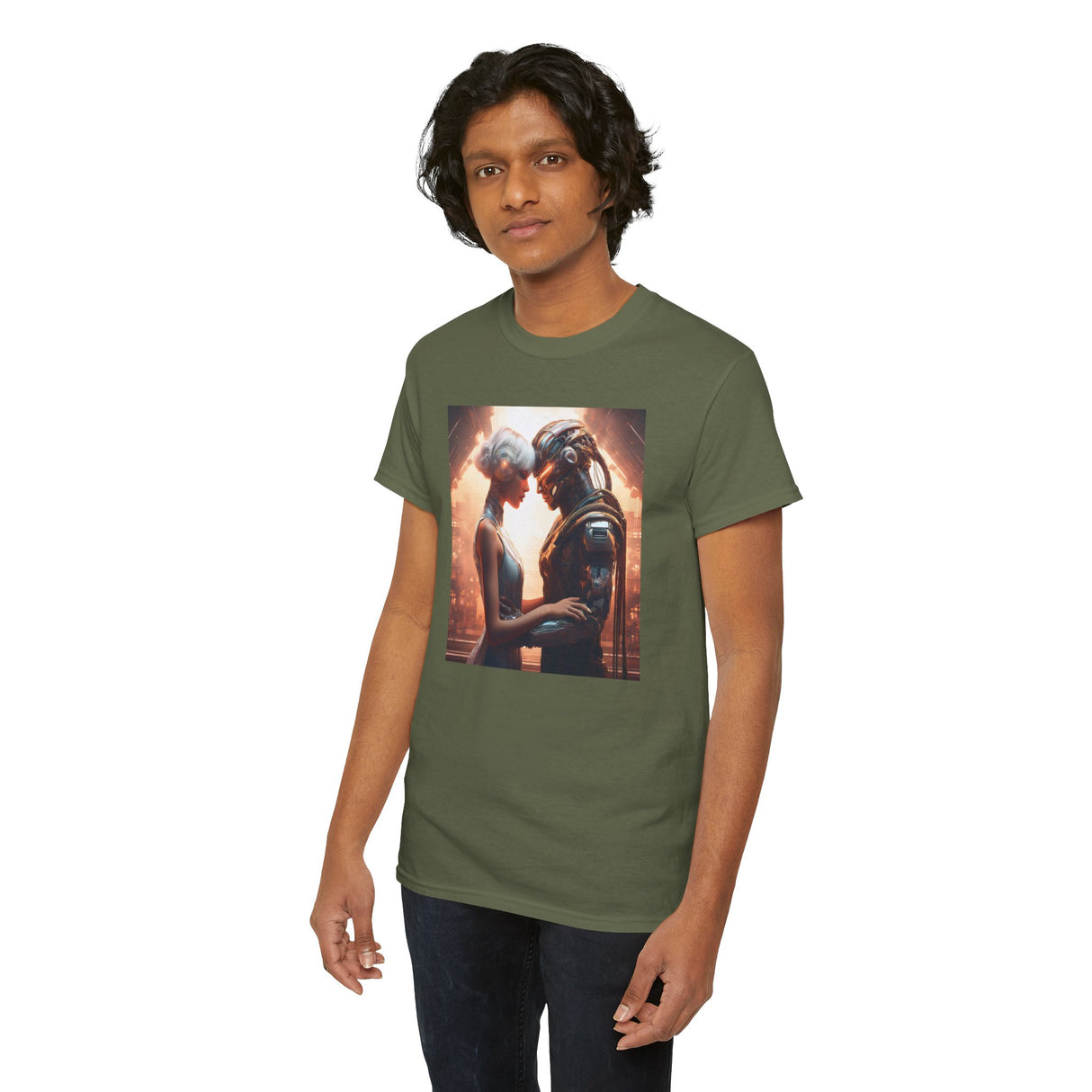 Romantic Sci-Fi Couple Tee — Futuristic Lovers Graphic T-Shirt perfect for fan conventions and storytelling moments.