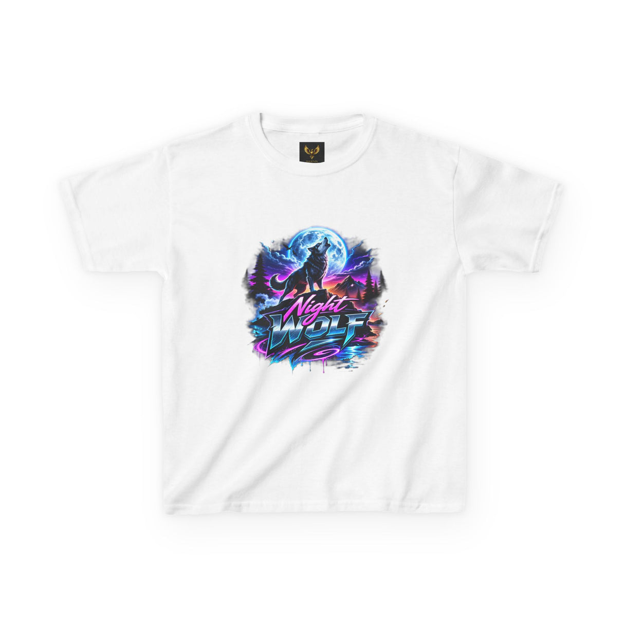 Retro 'Night Wolf' Neon Synthwave Graphic Tee — Kids T‑Shirt