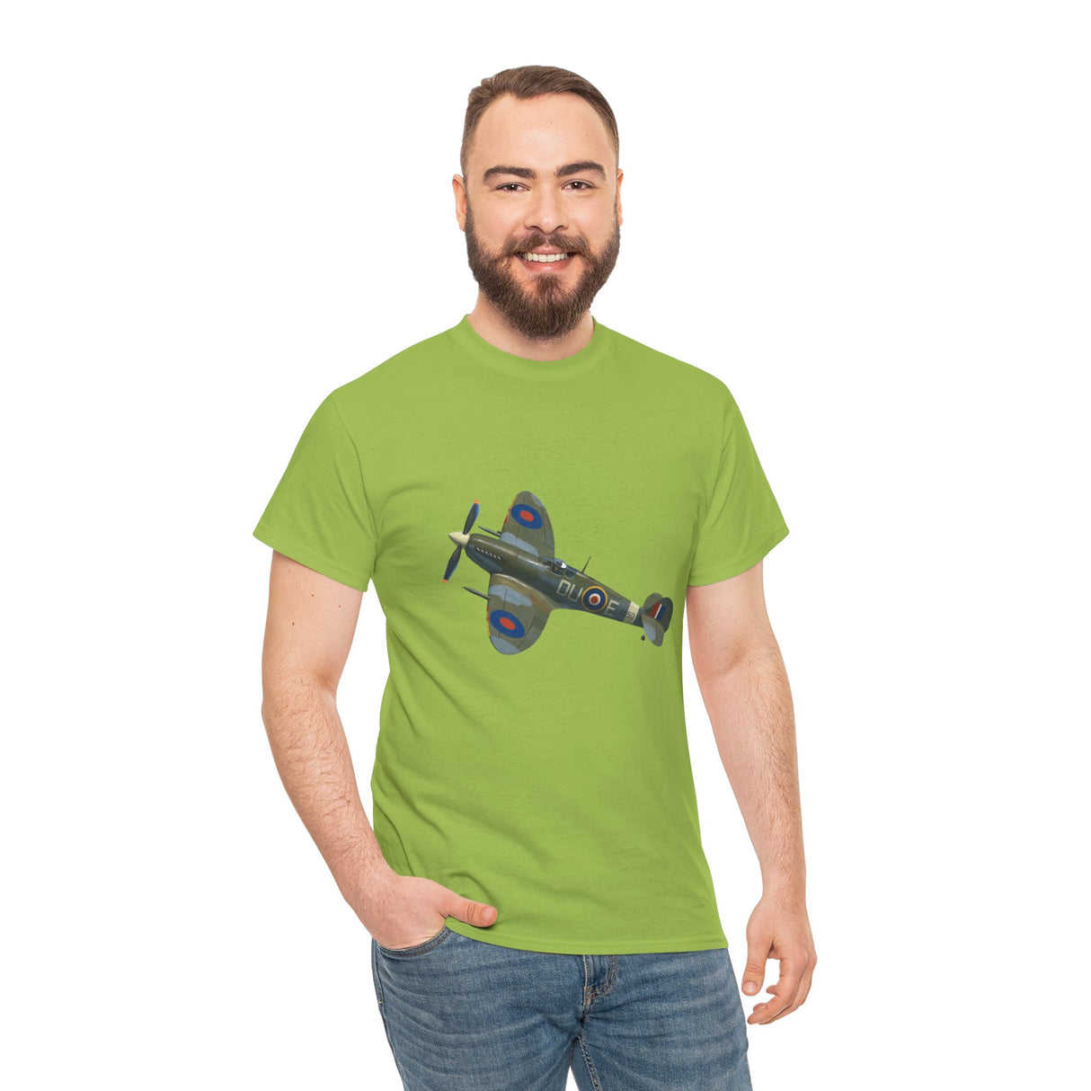 Vintage WWII Spitfire Fighter Plane T-Shirt with distinct artistic detailing on the chest area