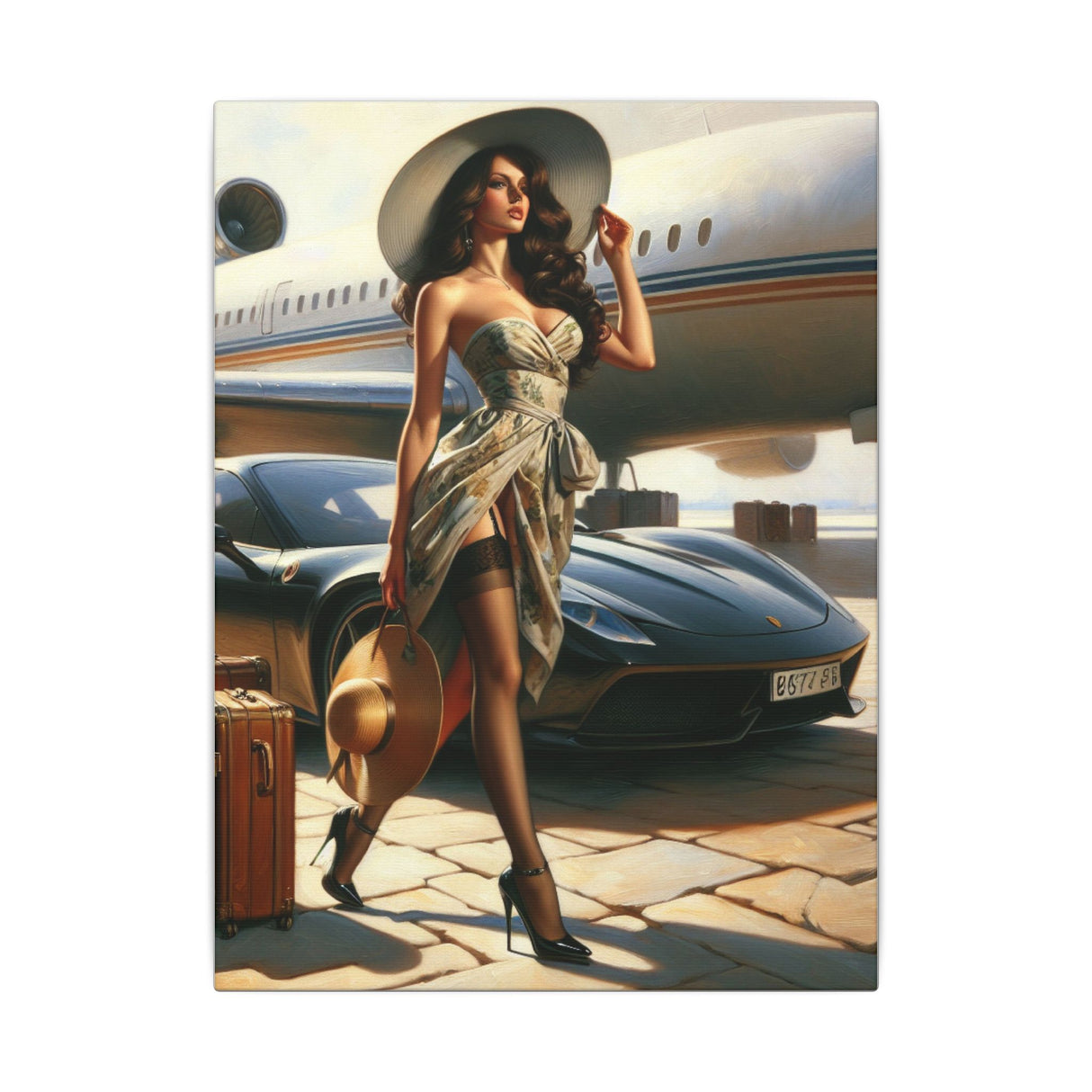 Luxury Travel Pinup Canvas Print featuring a sunlit airport scene with a vintage figure, sleek sports car, and private jet, perfect for adding glamour to your walls.