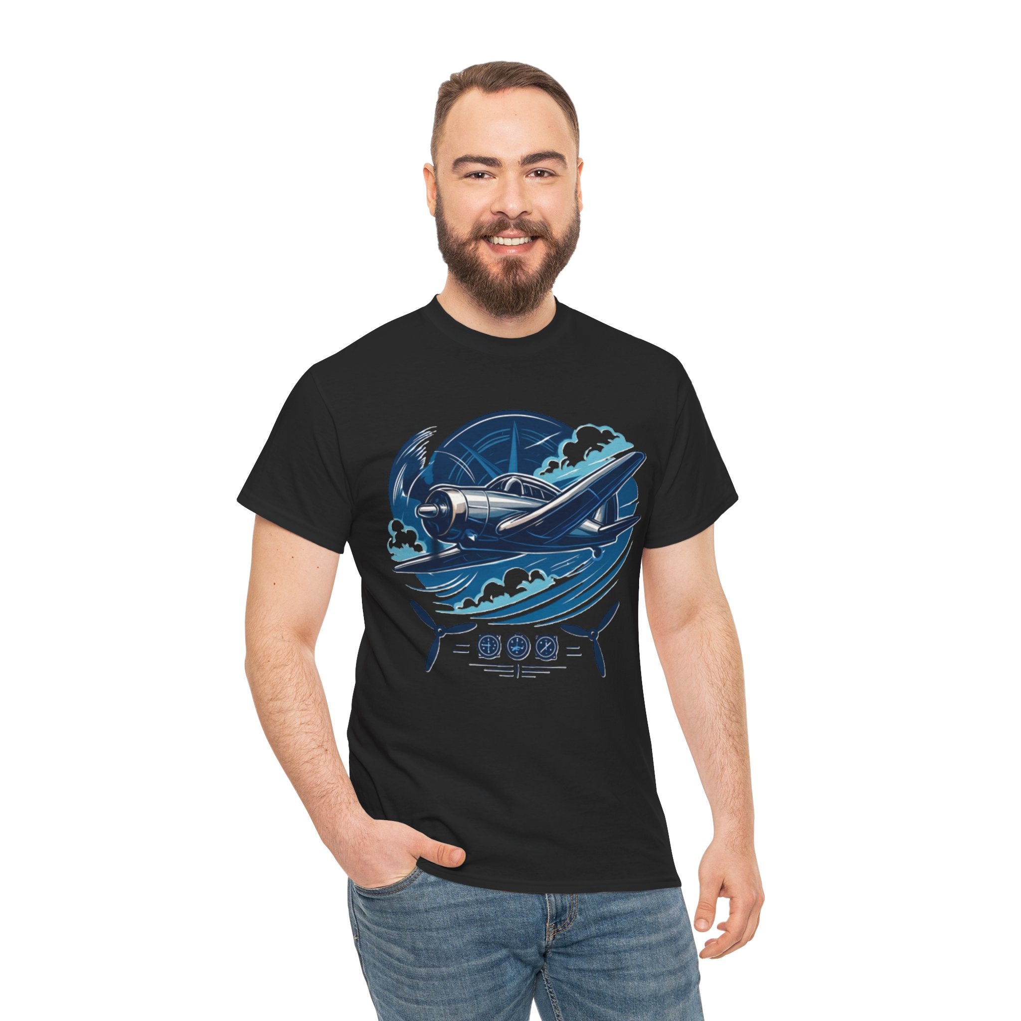 Model in Vintage Propeller Plane T-Shirt standing against a blue sky, adding flair to the aviation-inspired shirt.