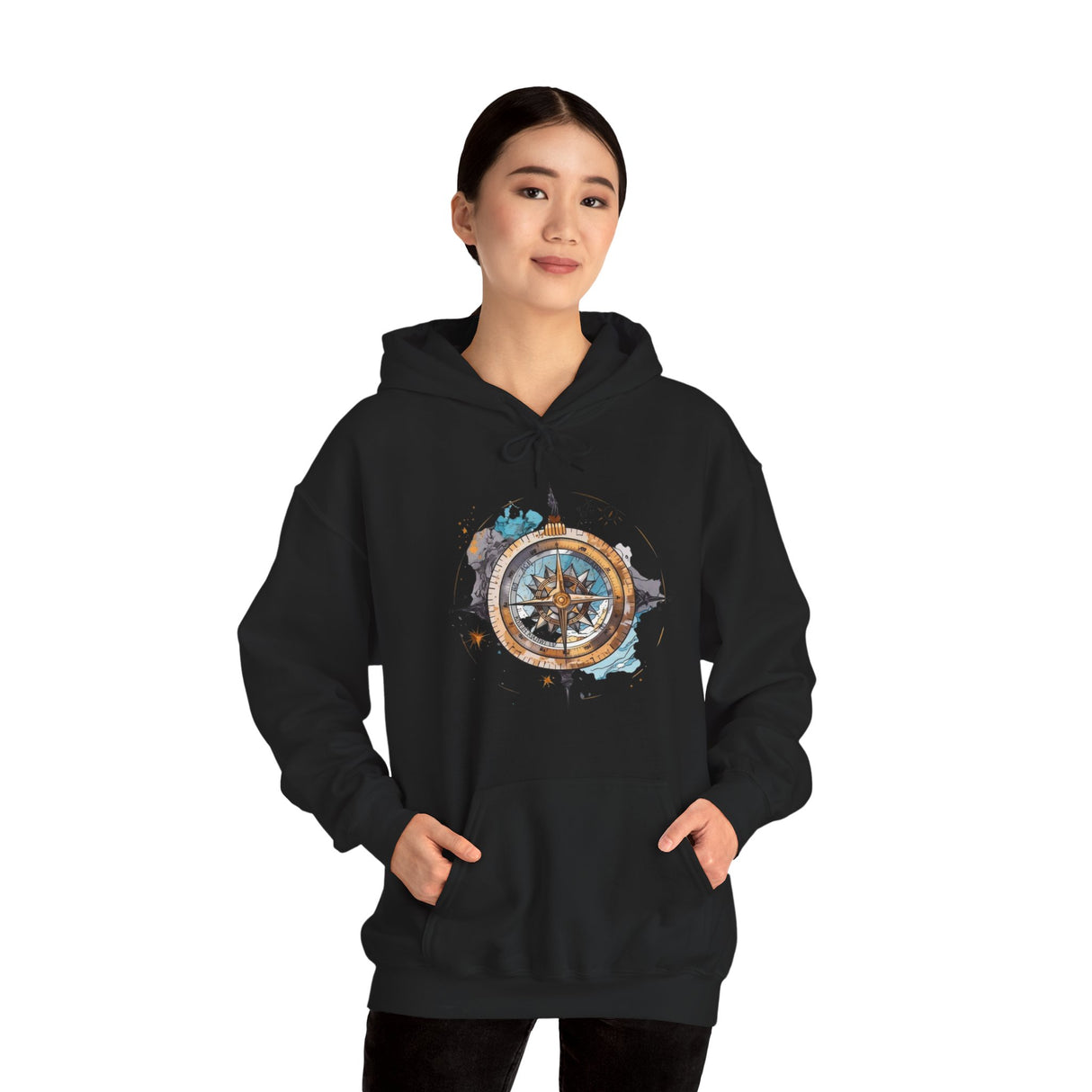 The Compass Rose Hoodie with cozy kangaroo pocket, ideal for warm hands during travel adventures.