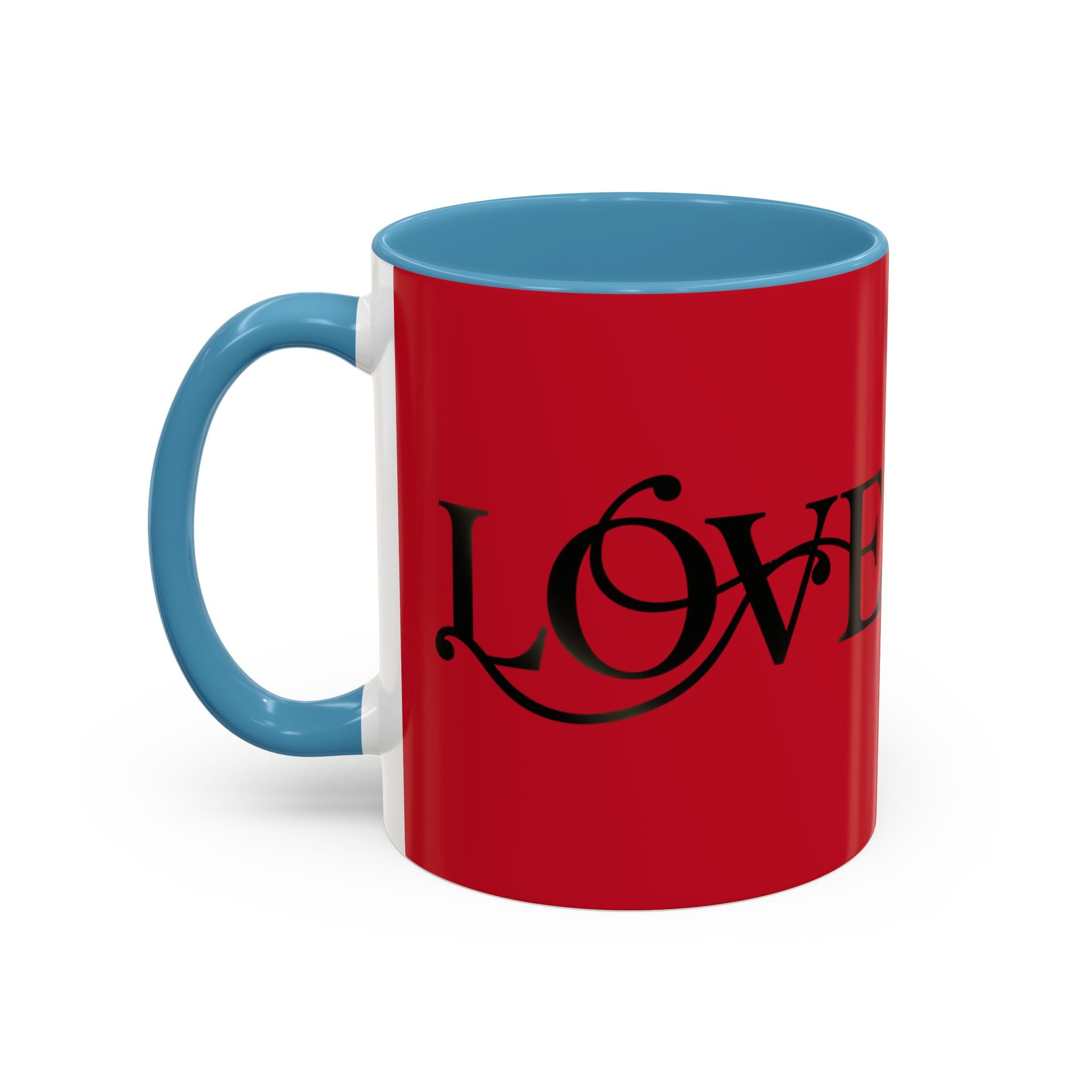 Love Script Accent Coffee Mug — Red & Black Romantic Ceramic Coffee Cup (11oz)
