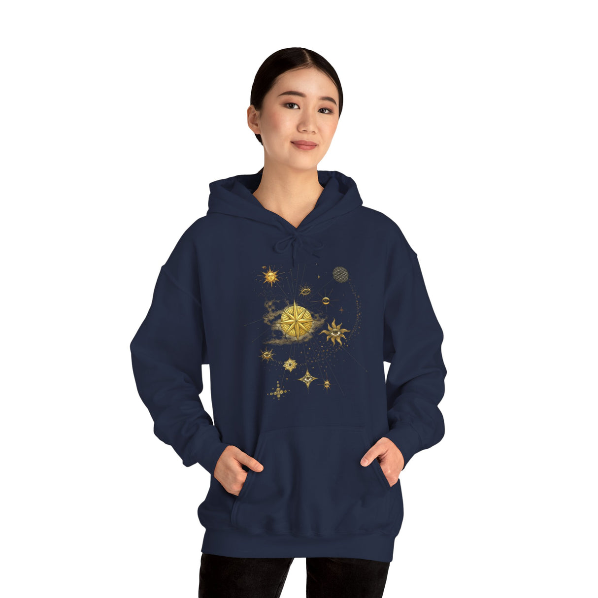 Celestial Compass Hoodie featuring a gold star and sun astronomy graphic showcased in a bright white background.