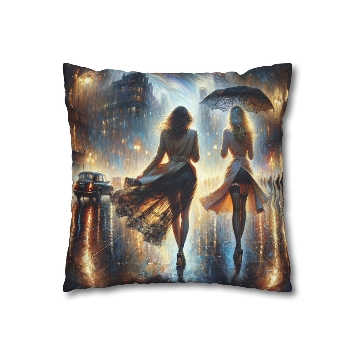 Rainy Night Stroll Decorative Pillowcase draped over a decorative chair, highlighting its double-sided colorful print, perfect for home decor, 16" × 16".