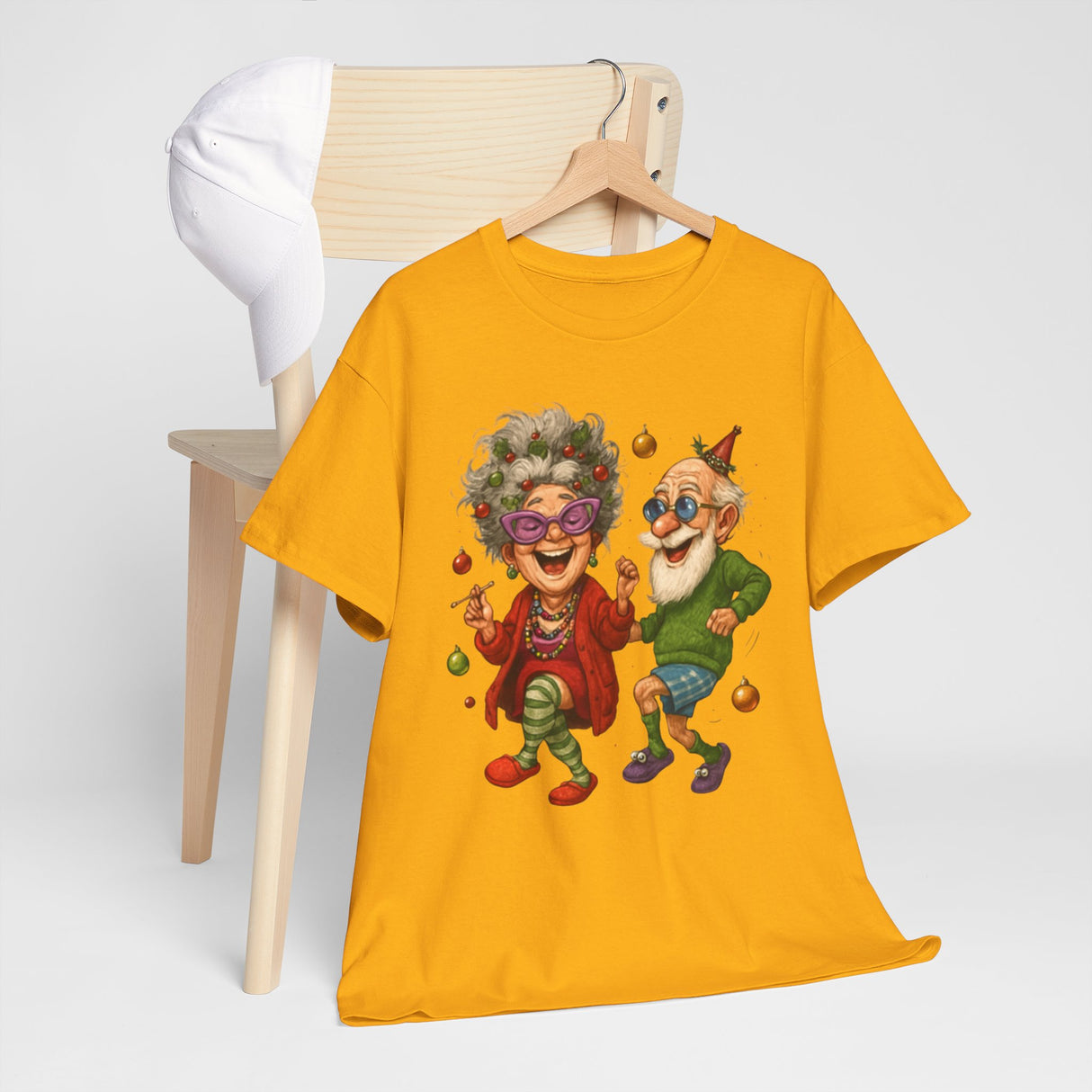 Playful Dancing Seniors Illustration T‑Shirt showcasing an elderly couple enjoying a dance.