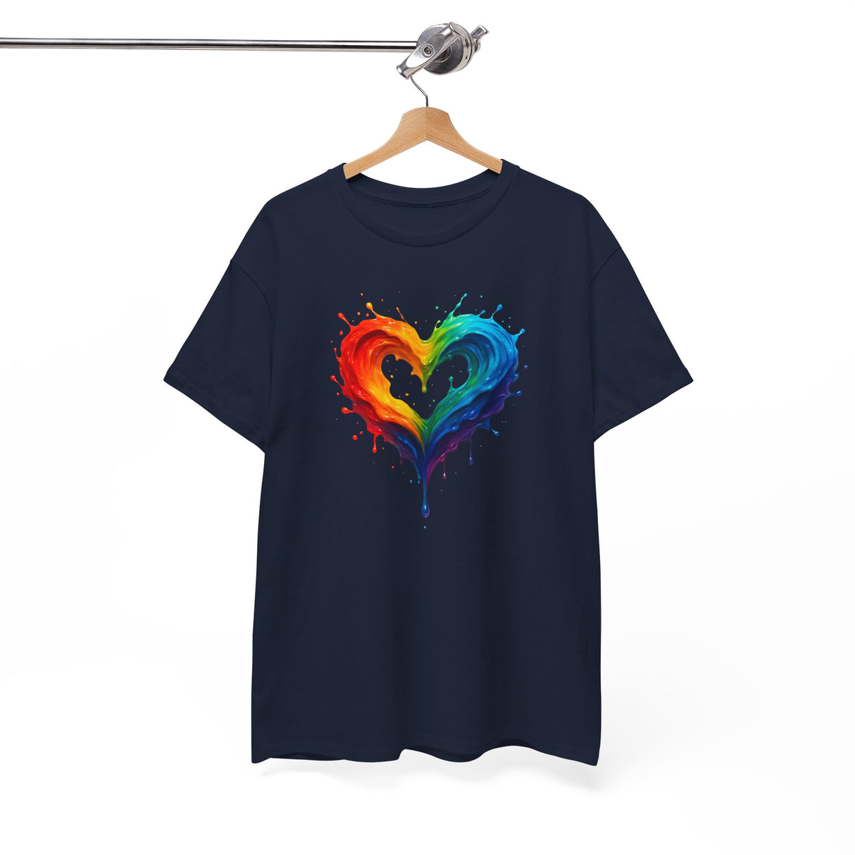 Rainbow Drip Heart T-Shirt displayed during a summertime outing, representing playful and vibrant fashion.