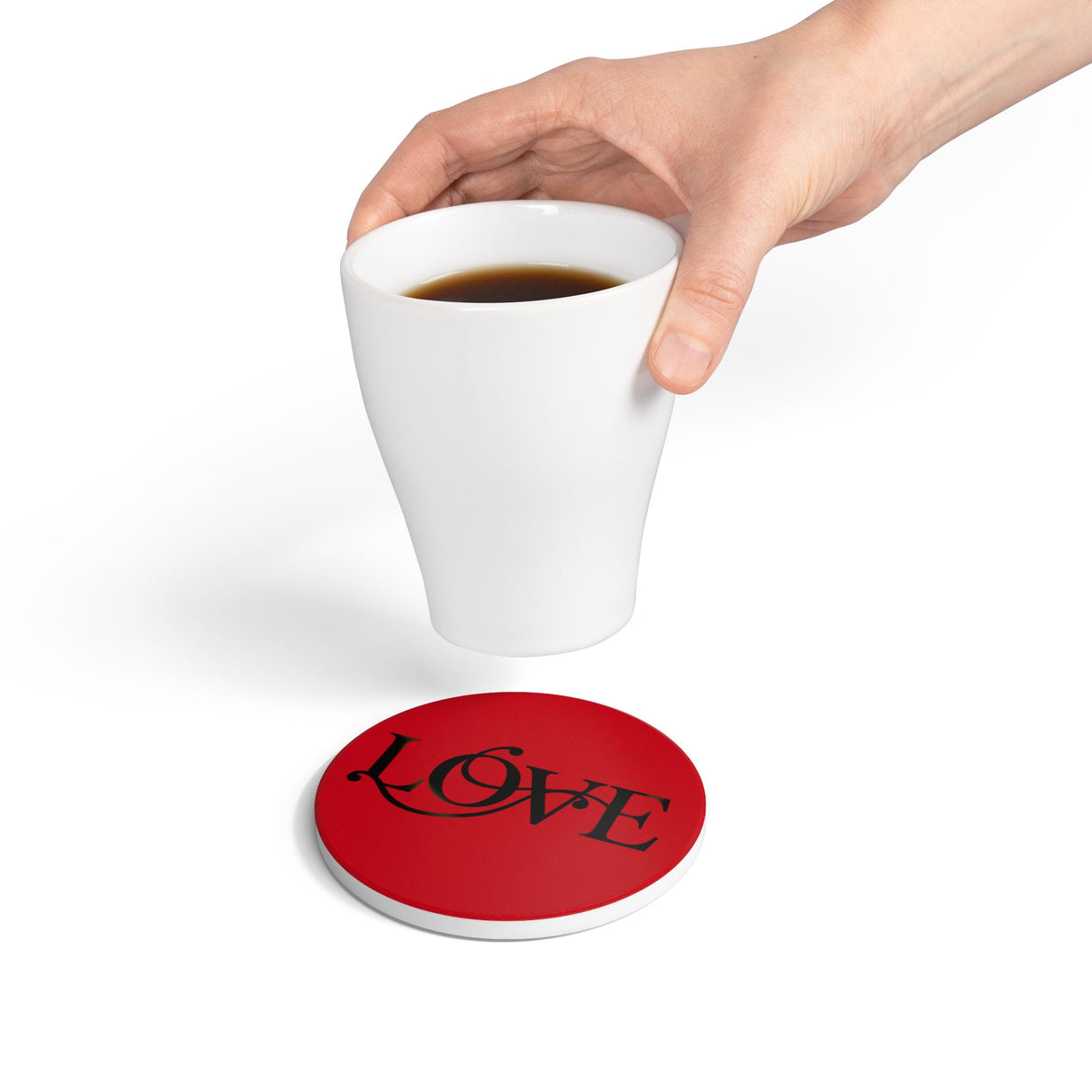 Love Script Ceramic Coaster — Red Romantic Drink Coaster